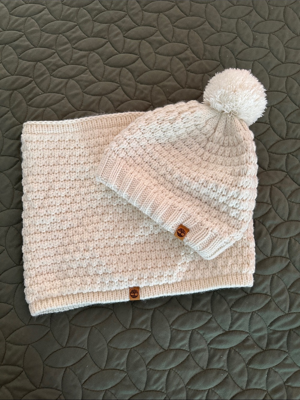 Timberland Cream Knit Beanie with Matching Neck Warmer